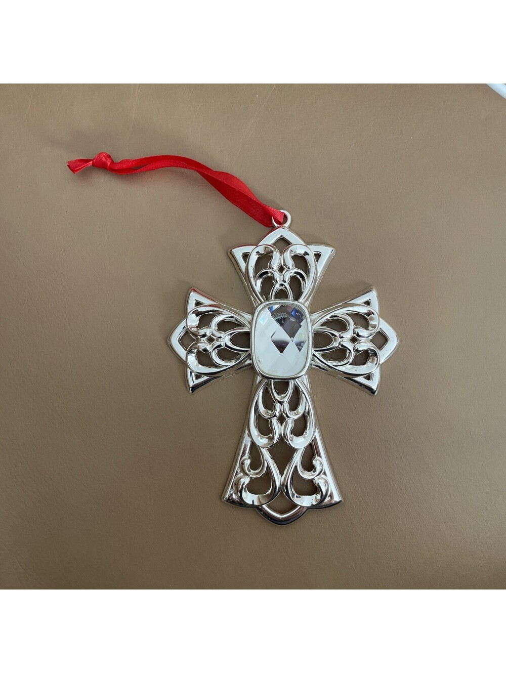 🎄LENOX Christmas Ornament Crystal Rhinestone Filigree Silver Religious Cross